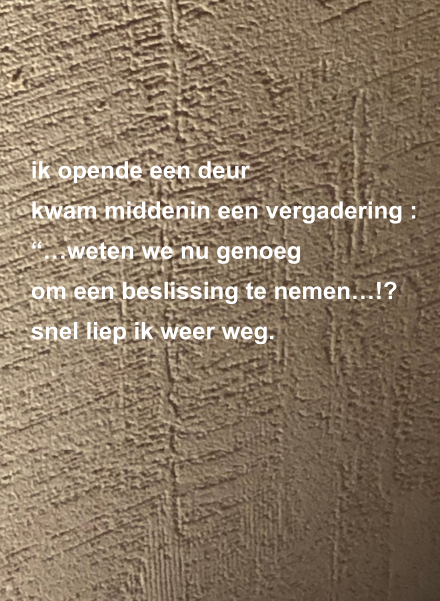 ik opende een deur kwam middenin een vergadering : “…weten we nu genoeg om een beslissing te nemen…!? snel liep ik weer weg.